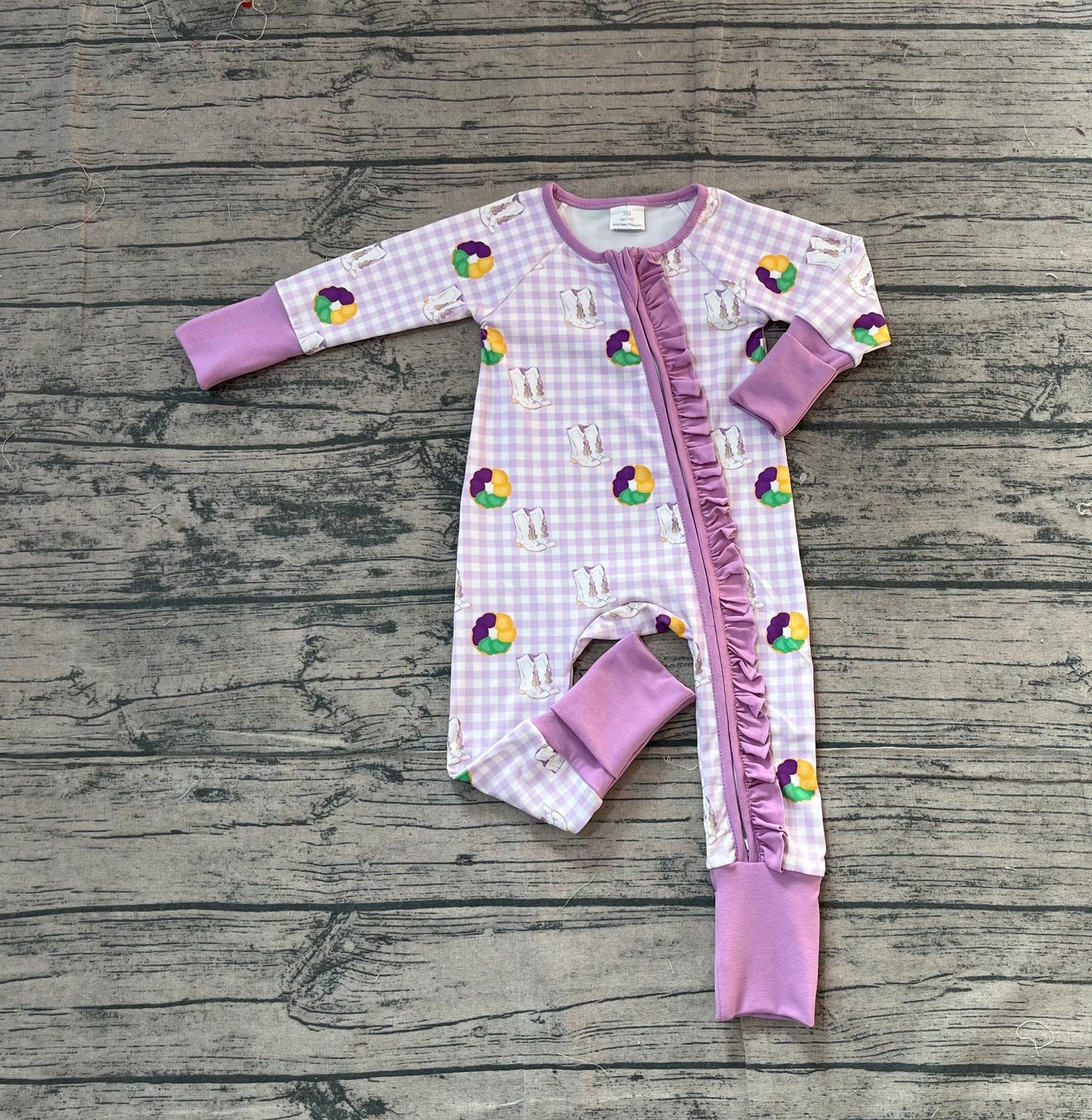 11.14 LR2783 Sample No Moq Baby Girls Mardigras Boots Donuts Checked Two Way Ruffle Zip Convertible Rompers