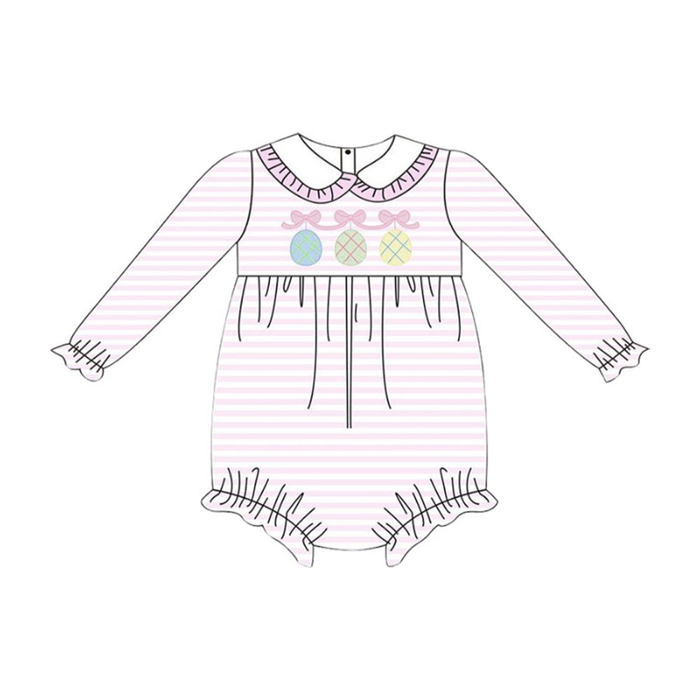 10.15 LR2790 Pre order No Moq Baby Girls Pink Stripe Bows Eggs Easter Ruffle Collar Rompers