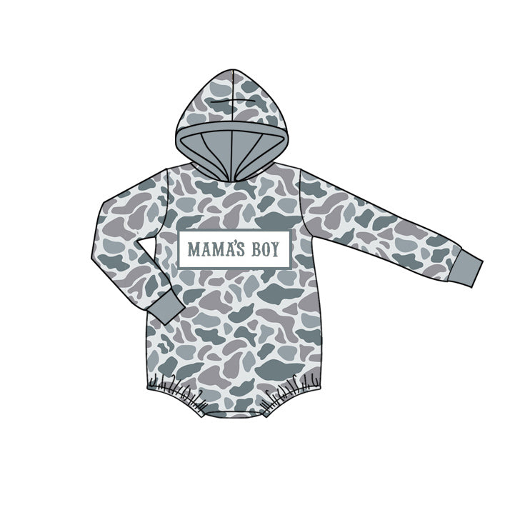 10.15 LR2794 Pre order No Moq Baby Boys Grey Camo Mama's Boy Hoodie Rompers