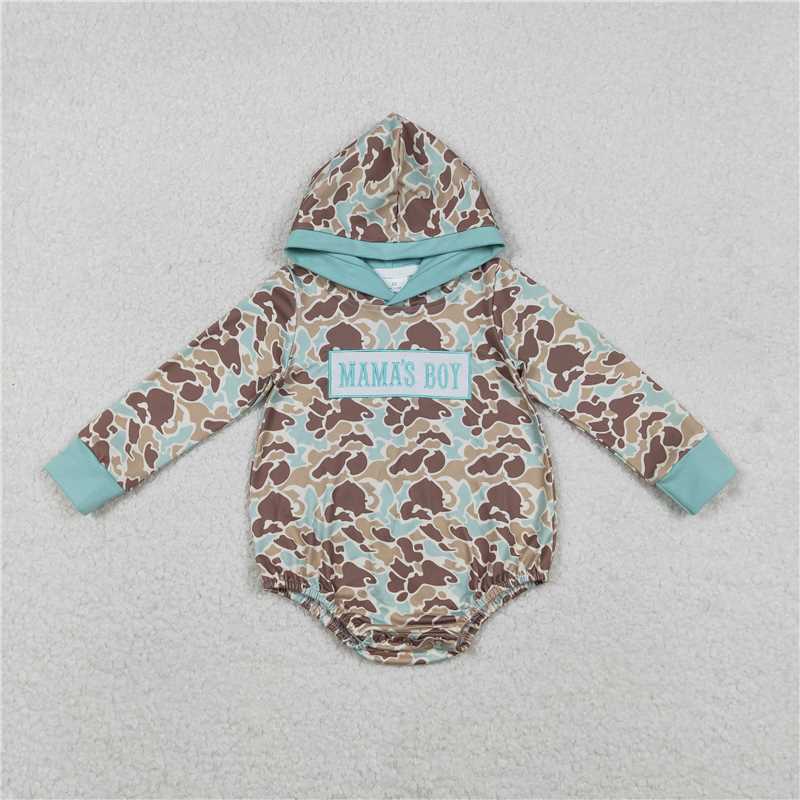 11.26 RTS NO MOQ (In stock)LR2795 Embroidery Mama's Boy Baby Boys Green Camo Hoodie Rompers