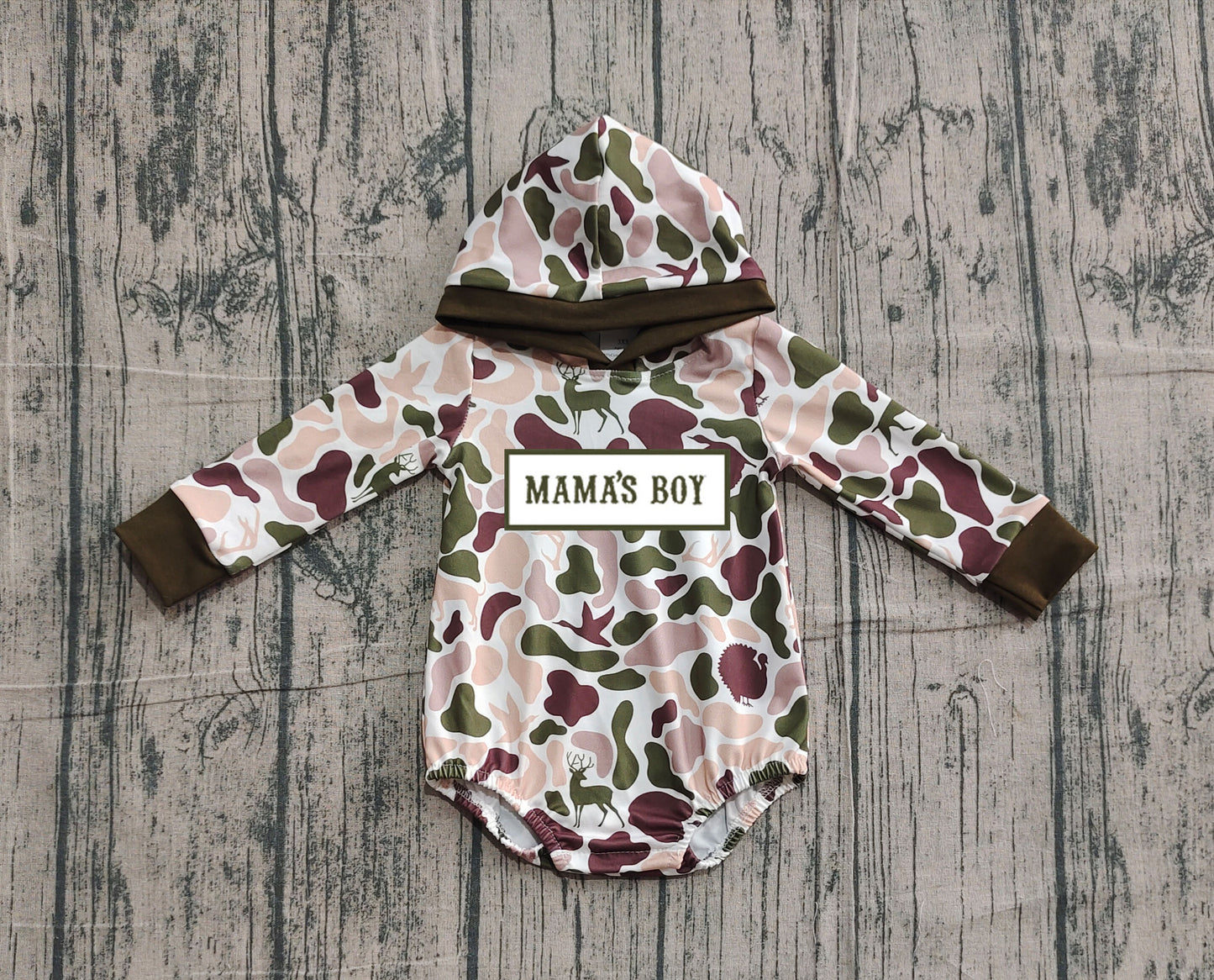 10.21 LR2797 Sample No Moq Embroidery Mama's Boy Baby Boys Deer Ducks Camo Hoodie Rompers