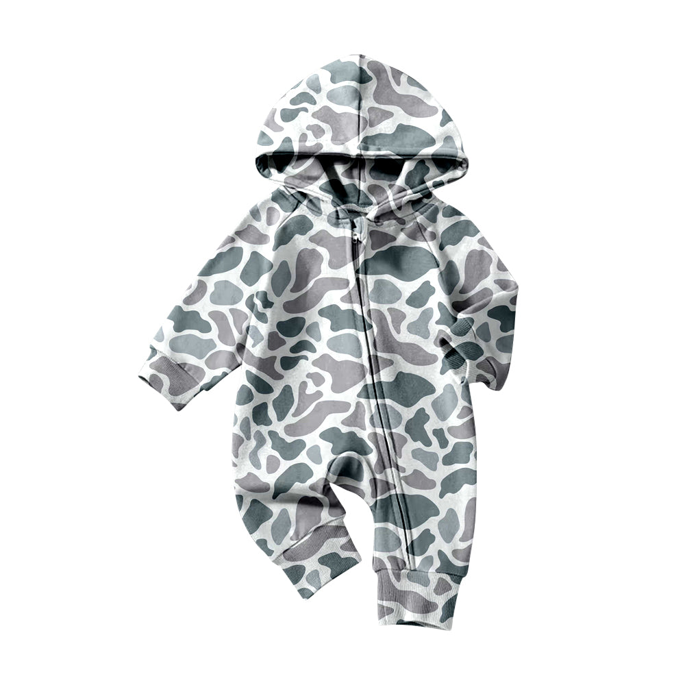 10.22 LR2813 Pre order No Moq Baby Boys Grey Camo Hoodie Zipper Footie Rompers
