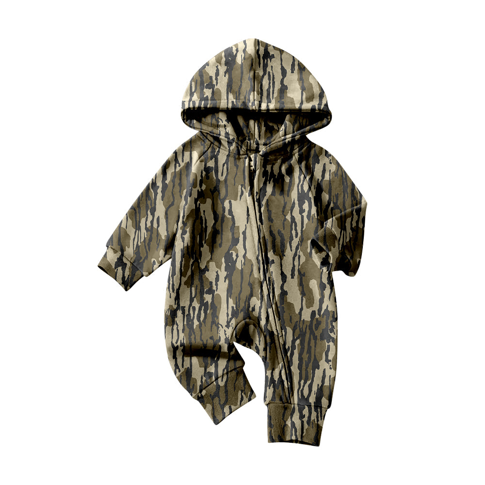 10.22 LR2814 Pre order No Moq Baby Boys Olive Camo Hoodie Zipper Footie Rompers