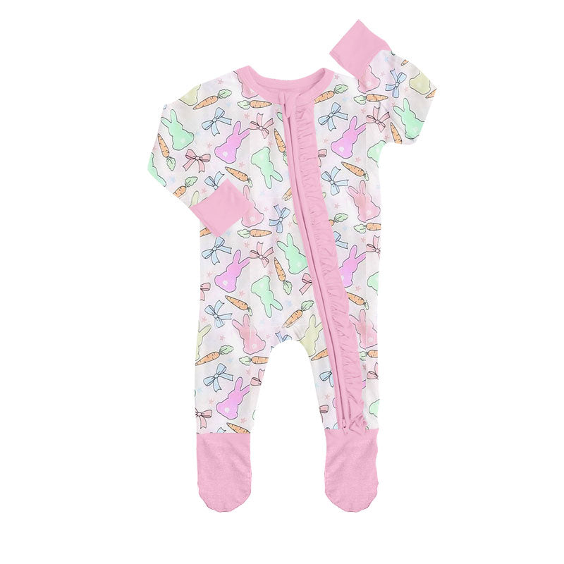 10.22 LR2818 Pre order No Moq Baby Girls Colorful Rabbits Carrots Easter Ruffle Zipper Footed Rompers