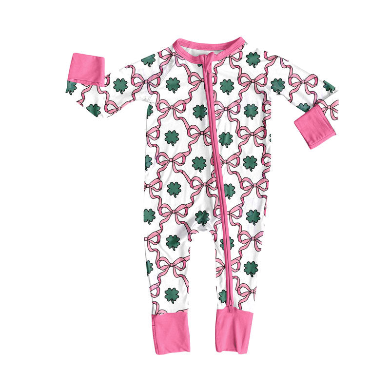 10.23 (Pre Order) No moq LR2829 PRE-ORDER Baby Girls Pink Bows Clovers Checked St Patrick Zipper Footie Rompers