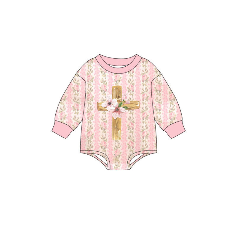 10.23 (Pre Order) No moq LR2837 PRE-ORDER Baby Girls Pink Flowers Stripe Cross Easter Rompers
