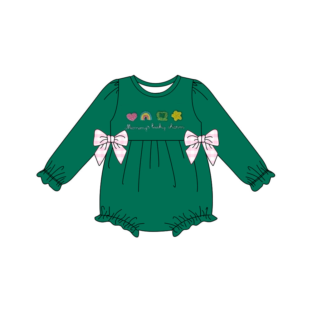 10.28 LR2839 Pre Order No moq Baby Girls Green Clovers Bows St Patrick Ruffle Rompers