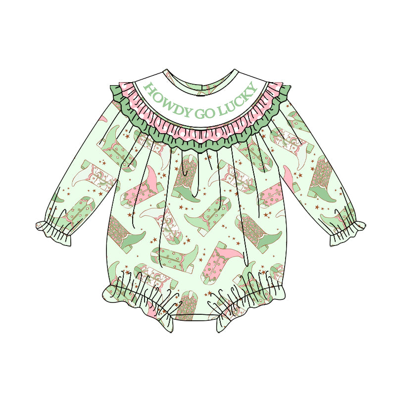 10.28 LR2840 Pre Order No moq Baby Girls Long Sleeve Howdy Go Lucky Boots Western Ruffle Rompers