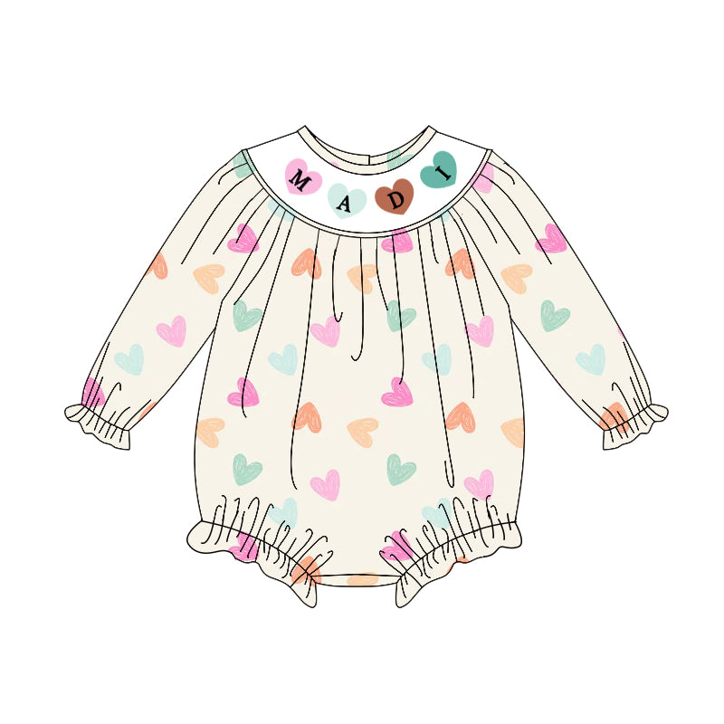 10.28 LR2841 Pre Order No moq Baby Girls Long Sleeve Colorful Hearts Madi Valentine Ruffle Rompers