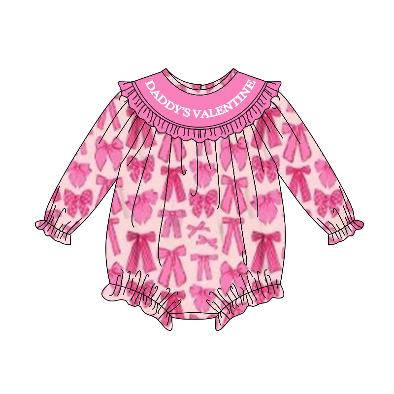 10.28 LR2842 Pre Order No moq Baby Girls Long Sleeve Pink Bows Daddy's Valentine Ruffle Rompers
