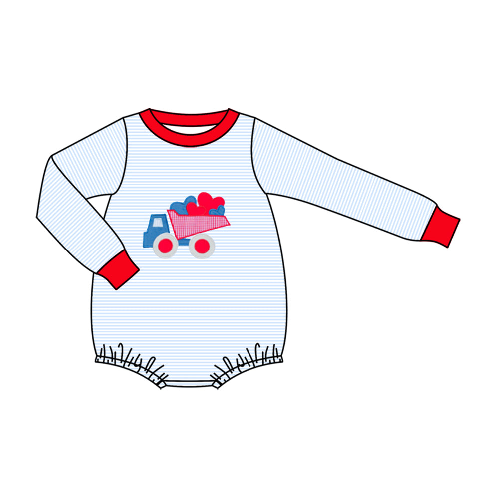 10.27 (Pre Order) No moq LR2847 PRE-ORDER Baby Boys Long Sleeve Blue Stripe Hearts Tractors Valentine Rompers