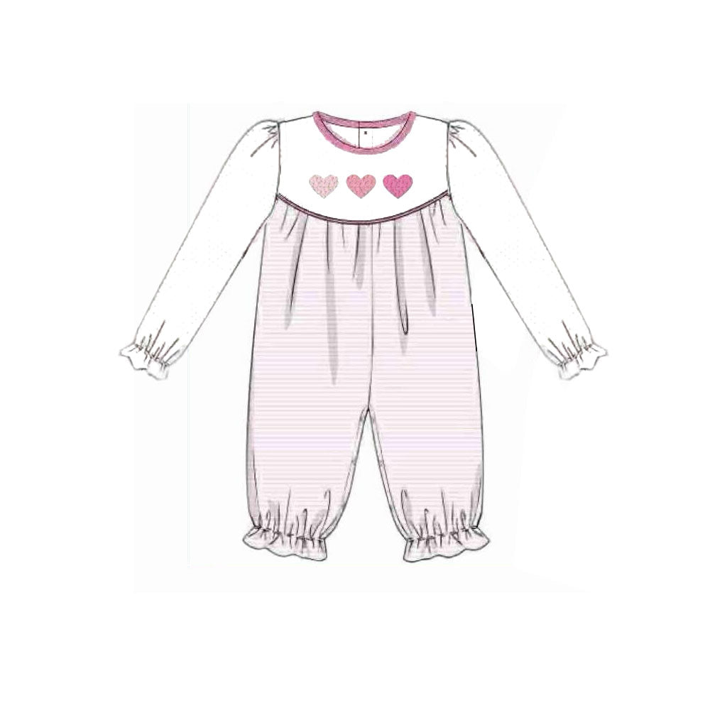 10.28 LR2848 Pre Order No moq Baby Girls Long Sleeve Pink Hearts Stripe Valentine Ruffle Footie Rompers