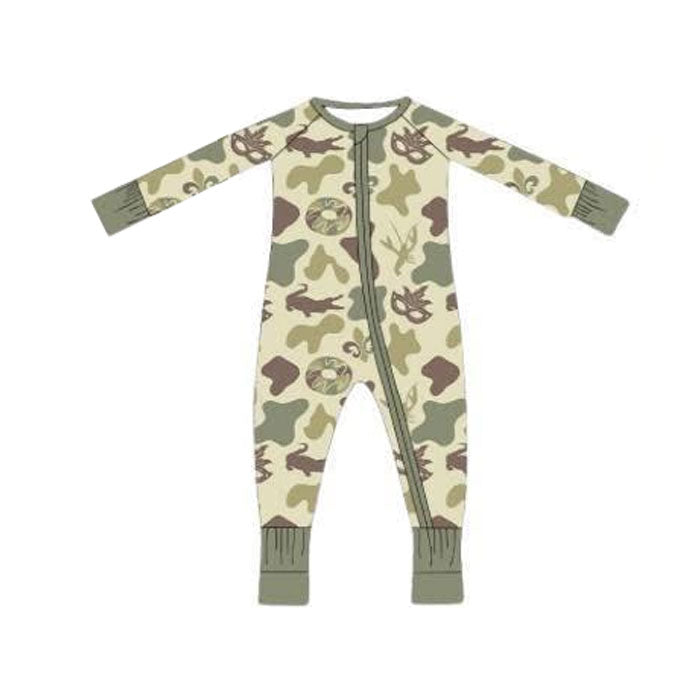 11.1 LR2865 Pre Order No moq Baby Boys Green Camo Donuts Masks Mardigras Zipper Footie Rompers
