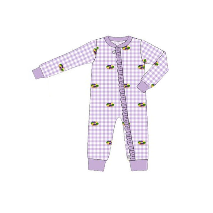 11.1 LR2867 Pre Order No moq Baby Girls Mardigras Donuts Checked Ruffle Zipper Footie Rompers