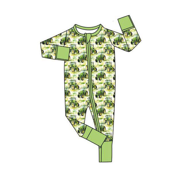 11.3 LR2870 Pre Order No moq Baby Boys Green Trucks Plaid Farm Zipper Footie Rompers