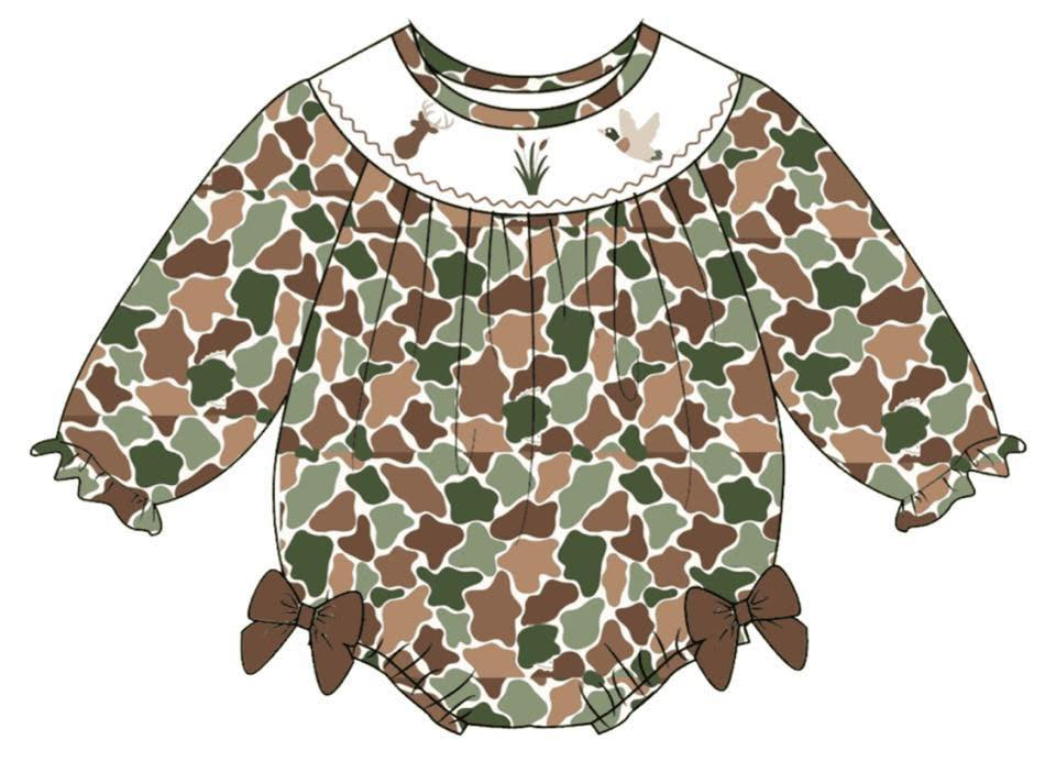 11.10 LR2897 Pre Order No moq Baby Girls Green Brown Camo Ducks Deer Ruffle Sleeve Hunting Rompers