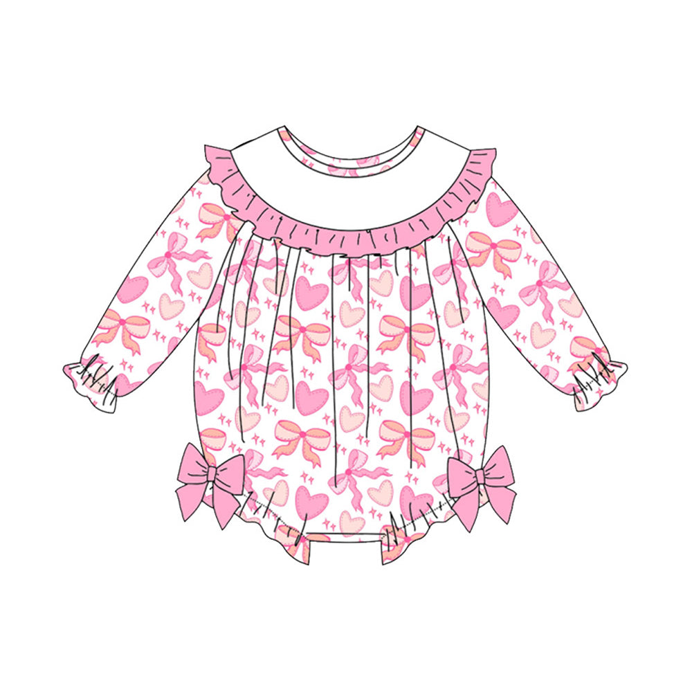 11.10 LR2901 Pre Order No moq Baby Girls Pink Bows Hearts Long Sleeve Valentine Ruffle Rompers