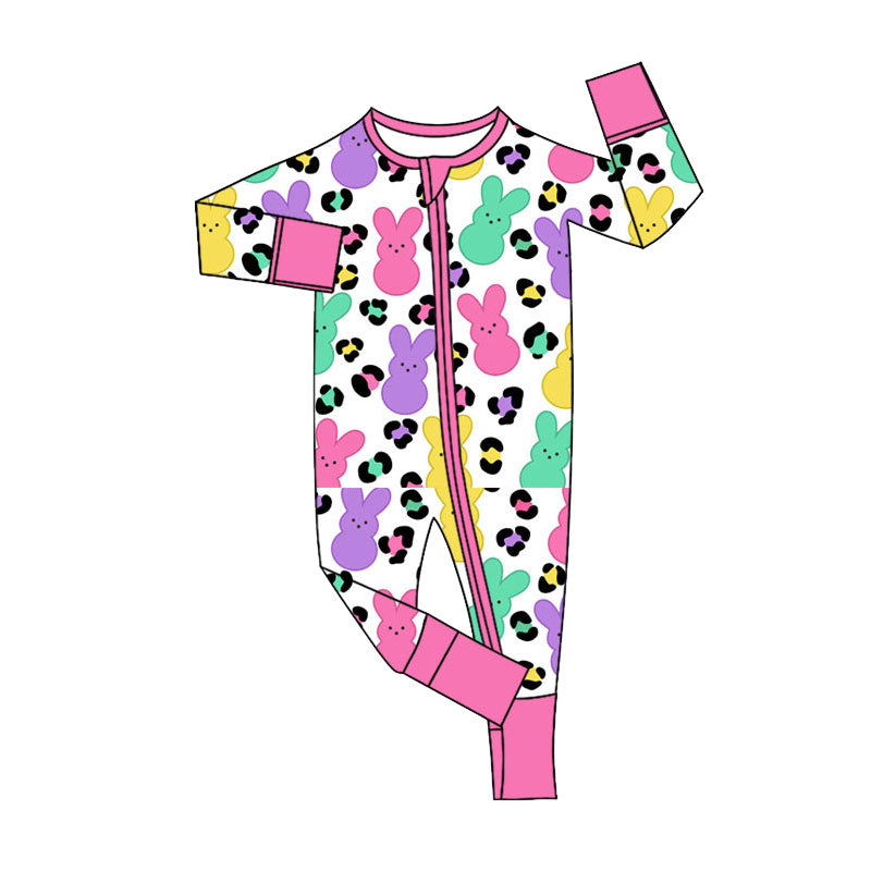 11.11 LR2903 Pre Order No moq Baby Girls Colorful Rabbits Leopard Easter Two Way Zip Convertible Rompers