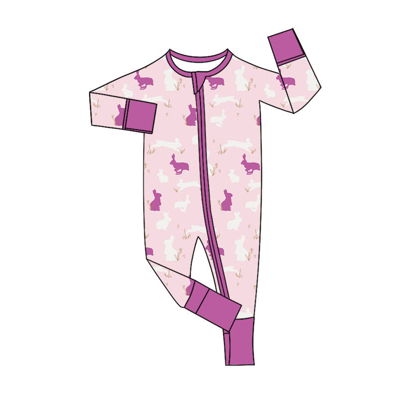 11.11 LR2907 Pre Order No moq Baby Girls Pink Rabbits Easter Two Way Zip Convertible Rompers