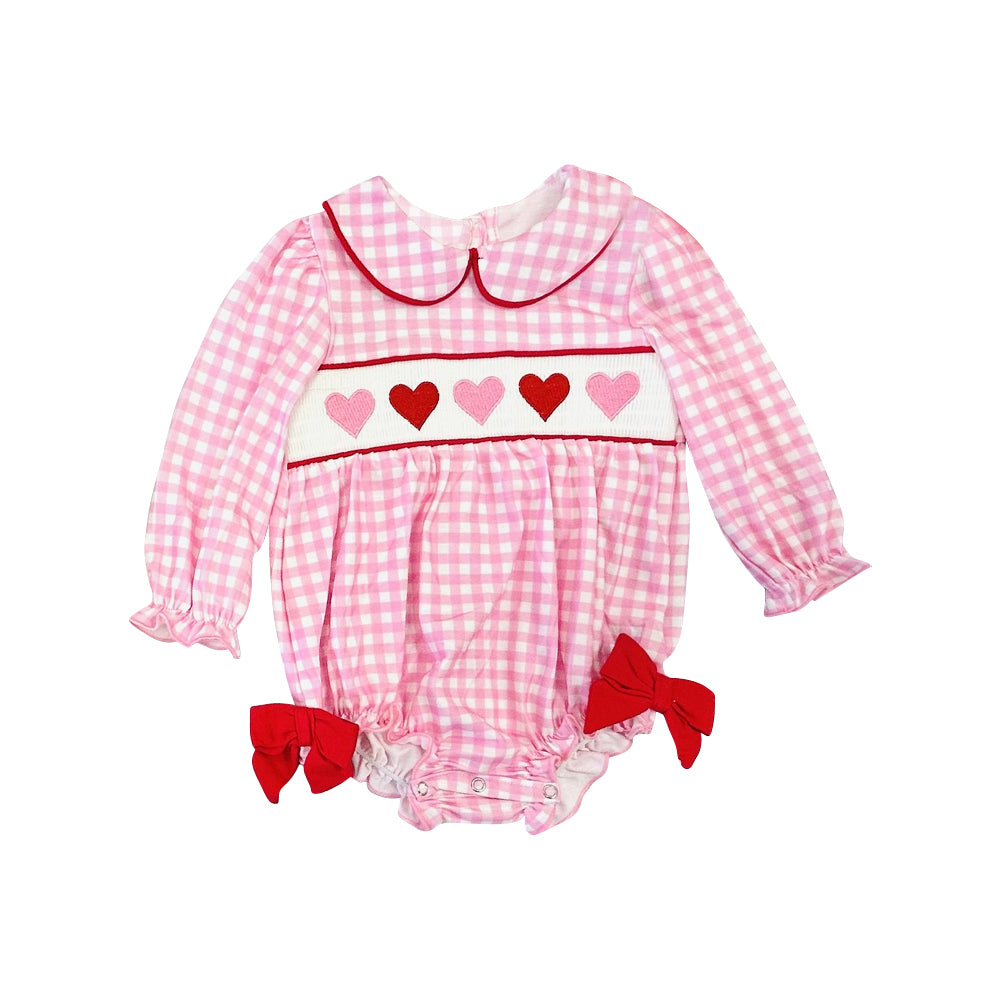 11.18 LR2920 Pre Order No moq Baby Girls Pink Checked Hearts Valentines Collar Ruffle Rompers