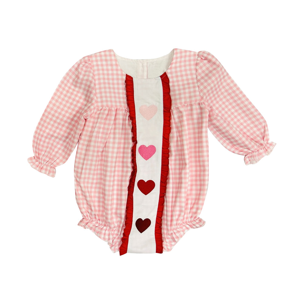11.18 LR2921 Pre Order No moq Baby Girls Peach Checked Hearts Valentines Ruffle Rompers