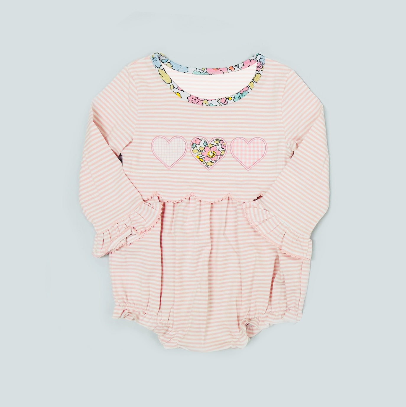 11.18 LR2925 Pre Order No moq Baby Girls Peach Stripe Floral Hearts Valentines Ruffle Rompers