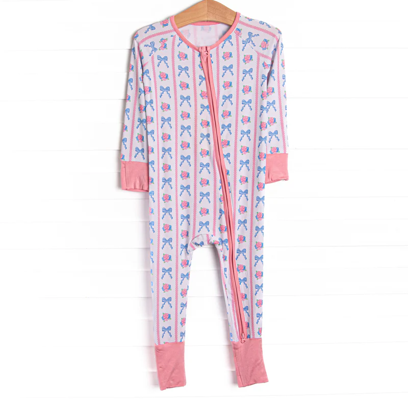 11.19 LR2927 Pre Order No moq Baby Girls Pink Blue Bows Flowers Stripe Two Way Zip Convertible Rompers