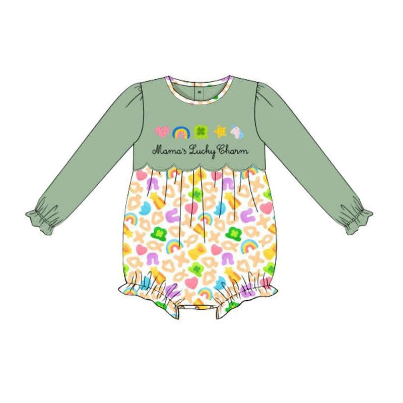 11.19 LR2929 Pre Order No moq Baby Girls Clovers Rainbows St Patrick Long Ruffle Sleeve Rompers