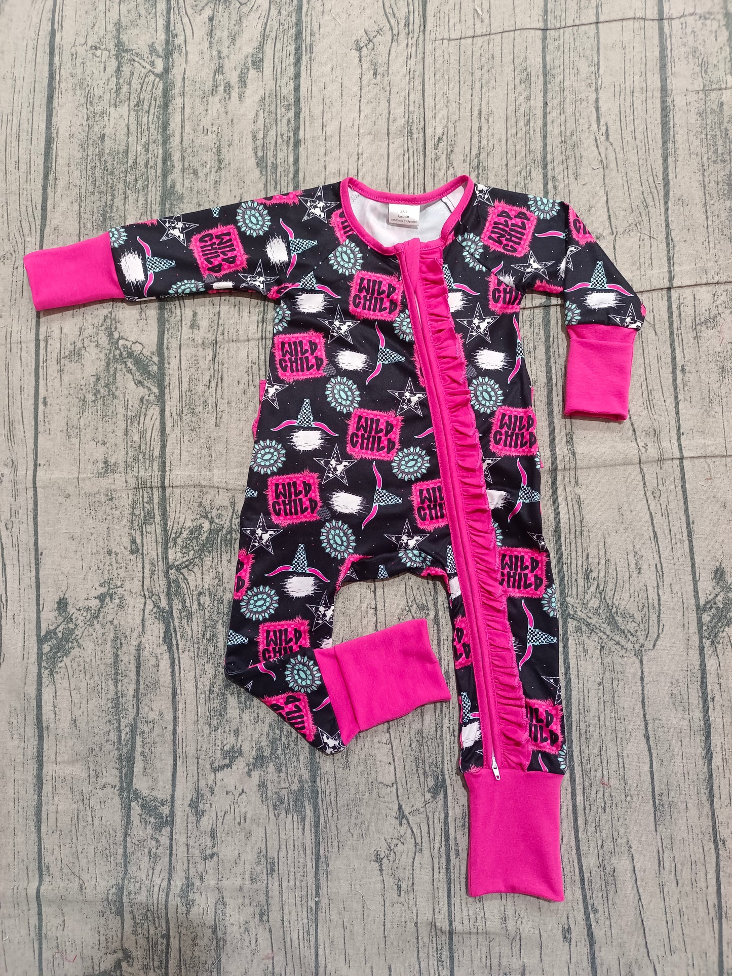 12.9 LR2962 Sample No Moq Baby Girls Wild Child Turquoises Western Two Way Ruffle Zip Convertible Rompers