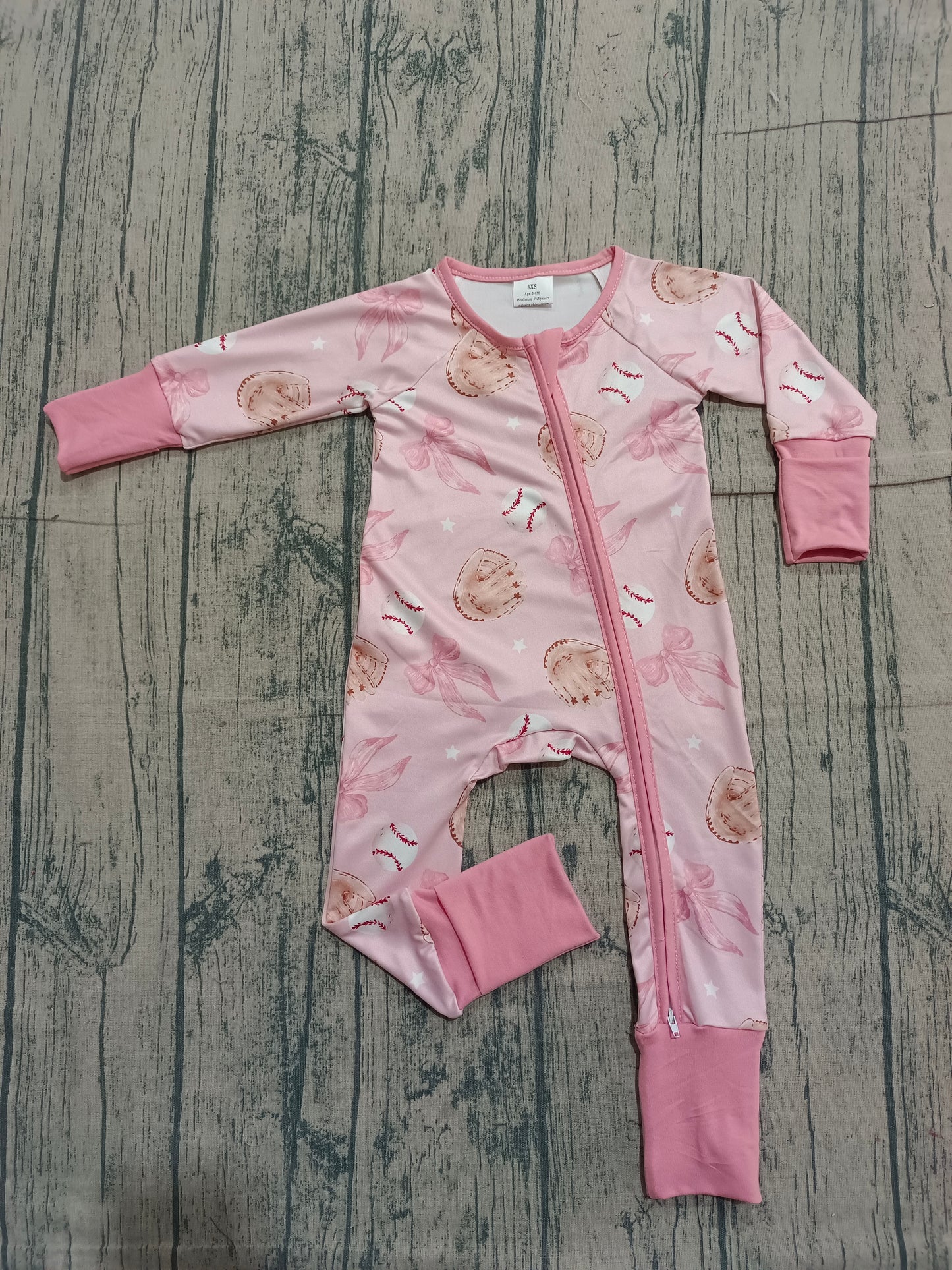 12.9 LR2967 Sample No Moq Baby Girls Pink Hats Baseballs Team Two Way Zip Convertible Rompers