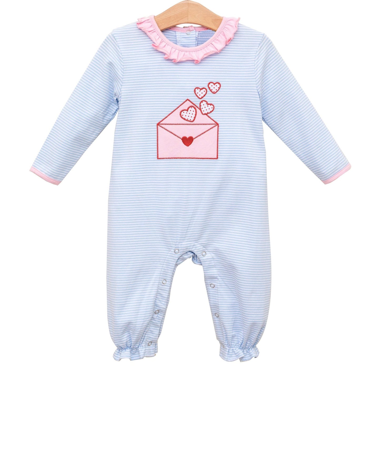 12.5 LR2972 Pre Order No moq Baby Girls Long Sleeve Blue Stripe Heart Letters Valentines Collar Footie Rompers