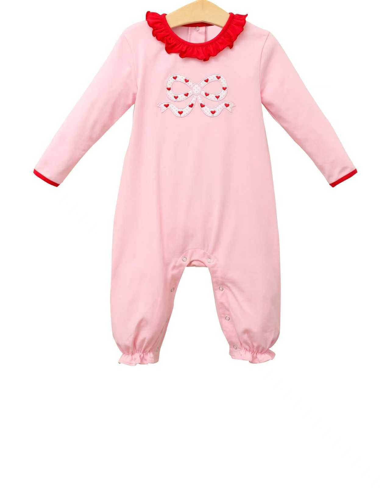 12.5 LR2973 Pre Order No moq Baby Girls Long Sleeve Pink Heart Bows Valentines Collar Footie Rompers