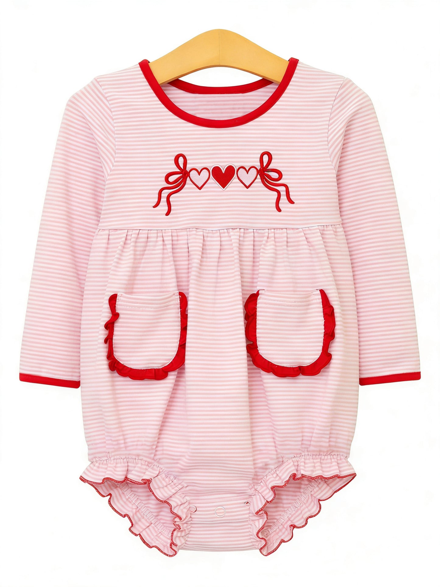 12.5 LR2974 Pre Order No moq Baby Girls Pink Stripe Heart Bows Valentines Pockets Ruffle Rompers