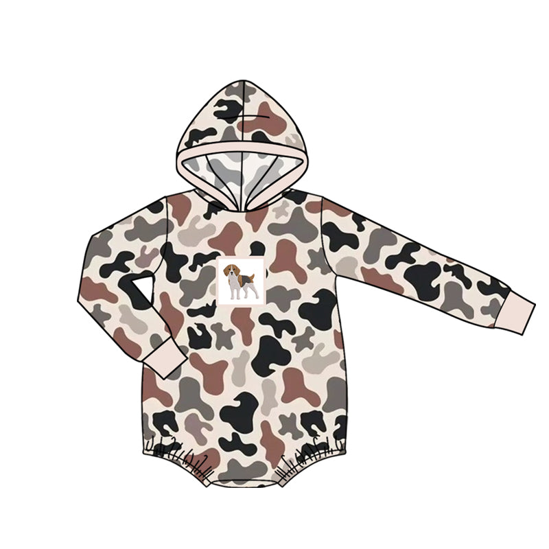 4.15 Pre Order No moq Baby Boy Camo Hooded Romper, Print Long Sleeve Bubble Bodysuit