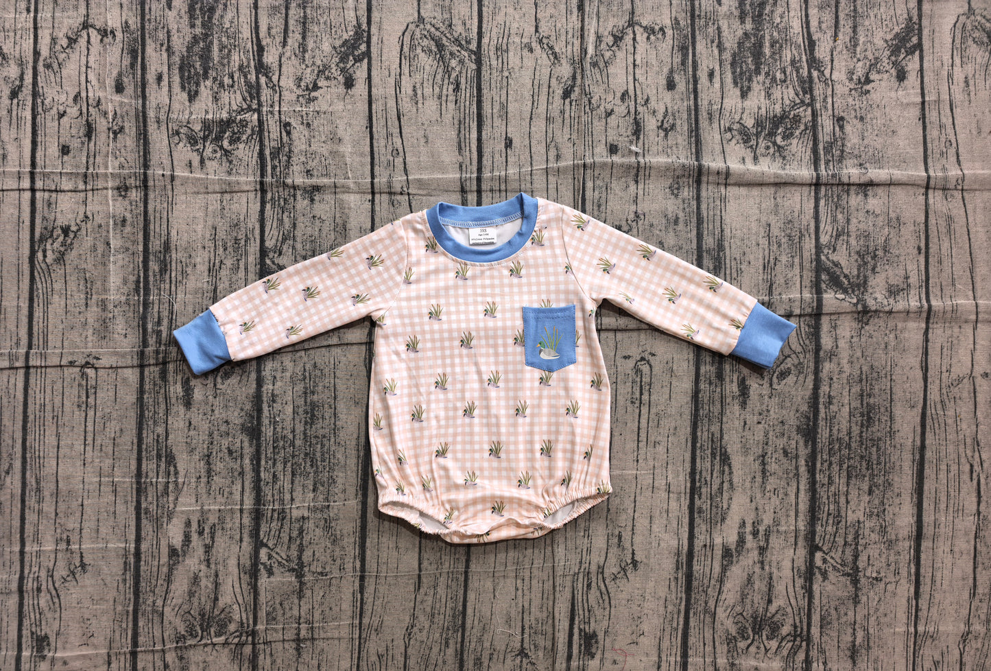 6.10 LR3002 Sample No Moq Embroidery Duck Pocket Baby Boys Long Sleeve Checked Hunting Rompers