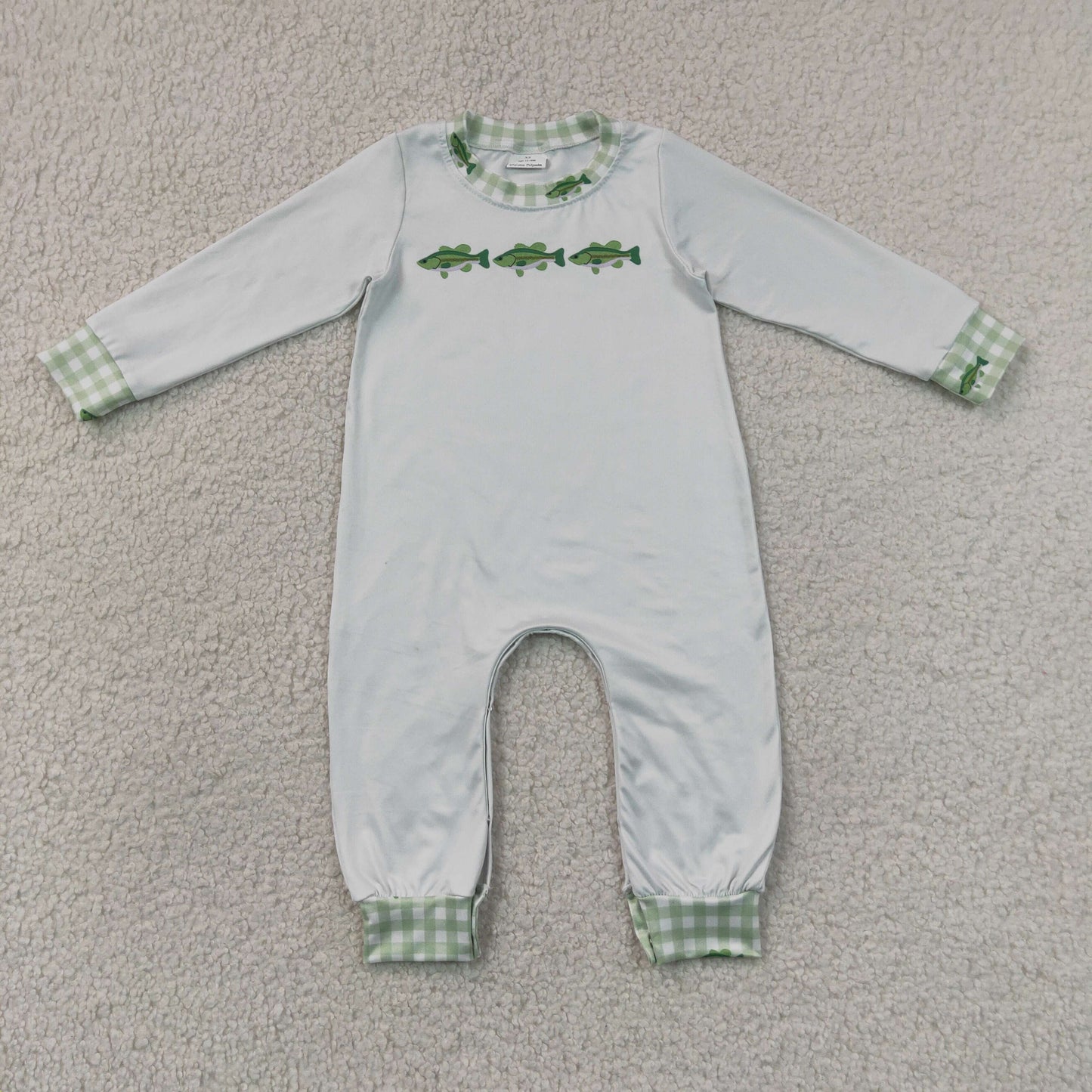 7.6 LR3006 RTS NO MOQ (In stock)Long sleeves green plaid fish baby boy romper