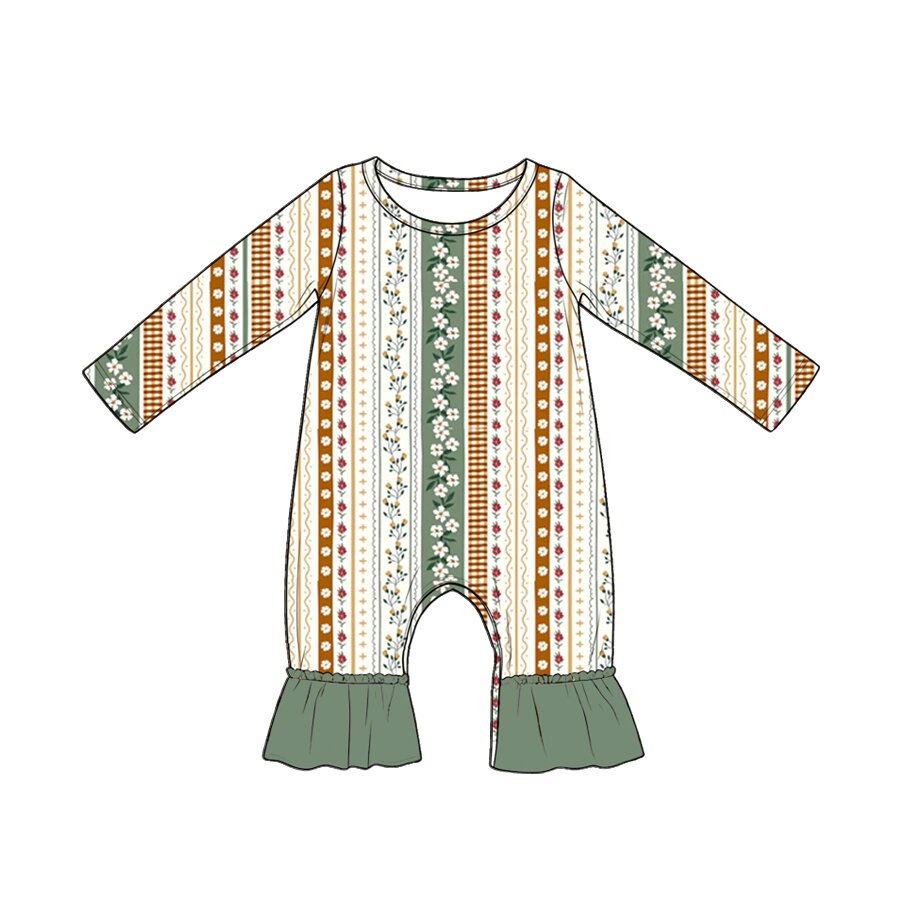 4.20 Pre Order No moq Baby Girls Long Sleeve Mushroom Flowers Ruffle Pant Fall Rompers