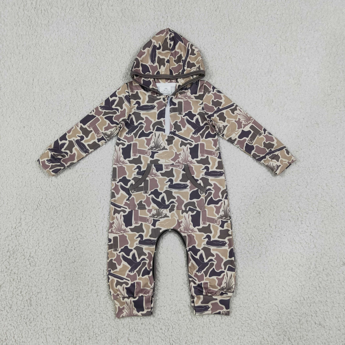 LR3029 RTS NO MOQ(In stock)milk silk Baby Boys Grey Ducks Camo Hunting Zip Pockets Hoodie Pant Rompers