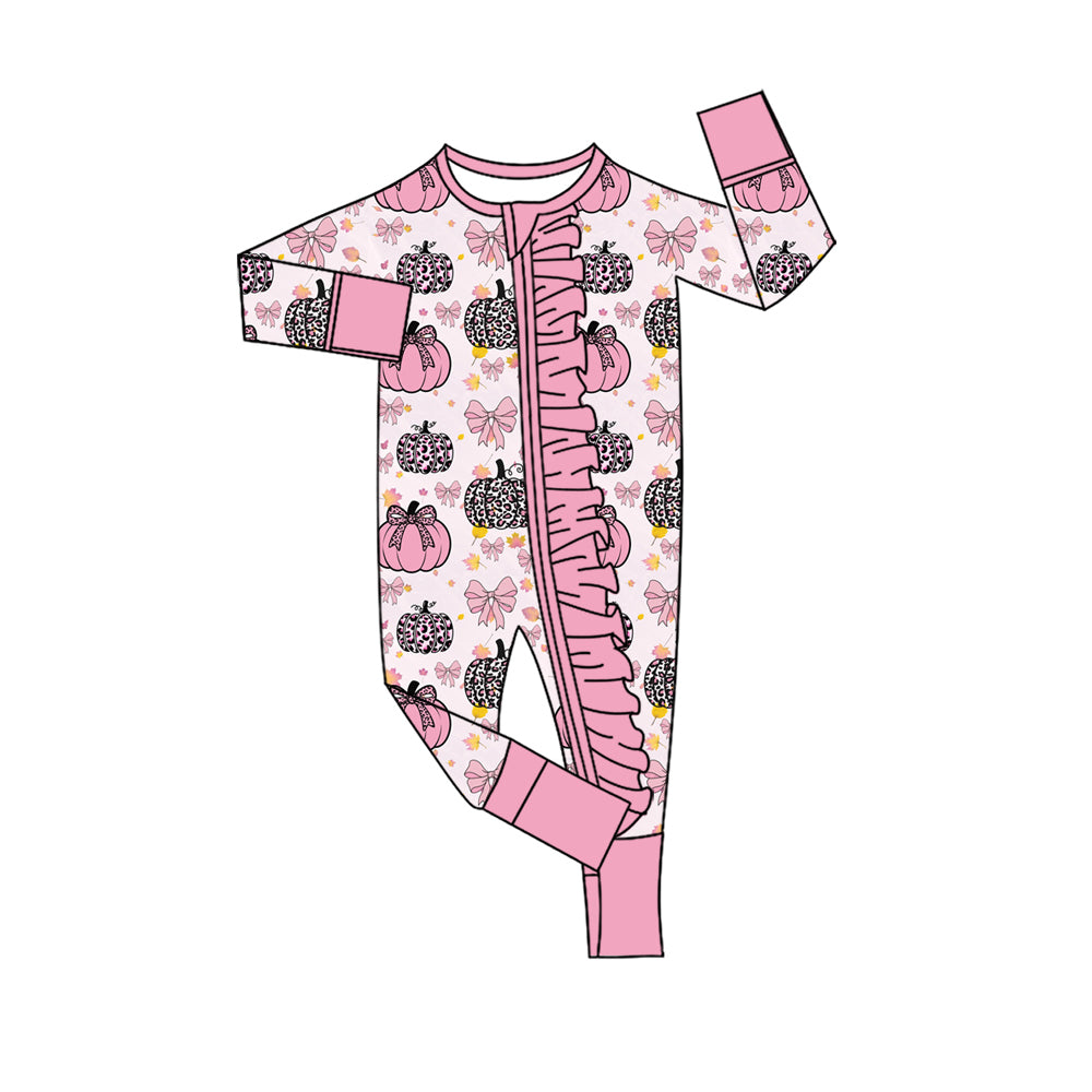 4.28 Pre Order No moq Baby Girls Long Sleeve Bows Pumpkins Print Two Way Ruffle Zip Rompers