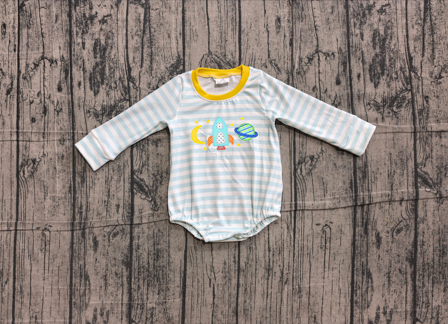 6.11 LR3063 Sample No Moq Embroidery Baby Boys Blue Stripe Rocket Moon Embroidery Ruffle Long Sleeve Rompers