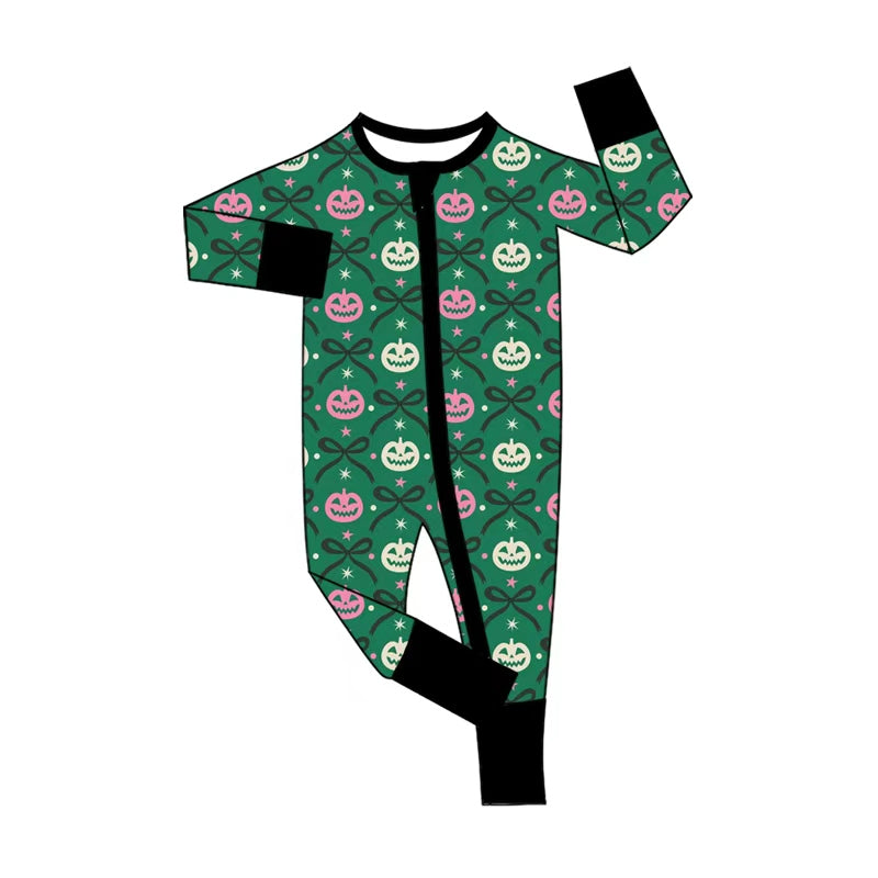 5.1 Pre Order No moq Baby Girls Long Sleeve Bows Pumpkins Fall Two Way Zip Convertible Rompers