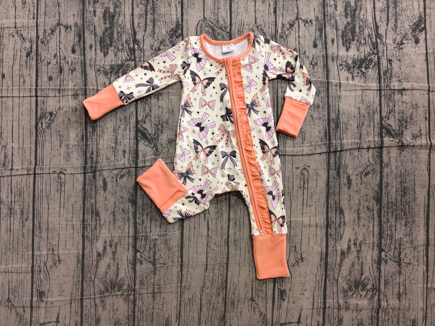 6.10 LR3078 Sample No Moq Baby Girls Bows Spiders Halloween Two Way Ruffle Zip Convertible Romper