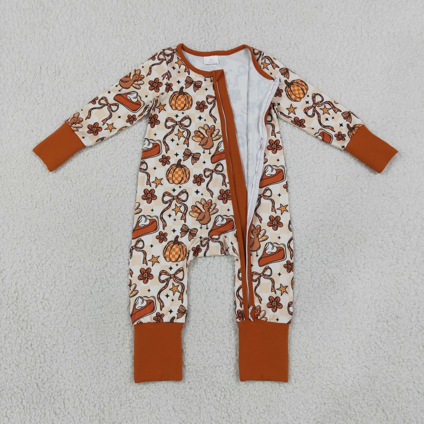 LR3119 RTS NO MOQ (In stock)Pumpkin pie turkey bow baby girls Thanksgiving zipper romper