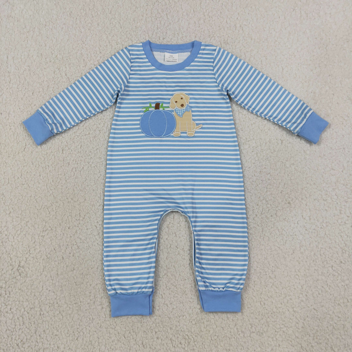 RTS NO MOQ (In stock)milk silk LR3141 Embroidery Pumpkins Dogs Baby Boys Blue Stripe Fall Pant Rompers