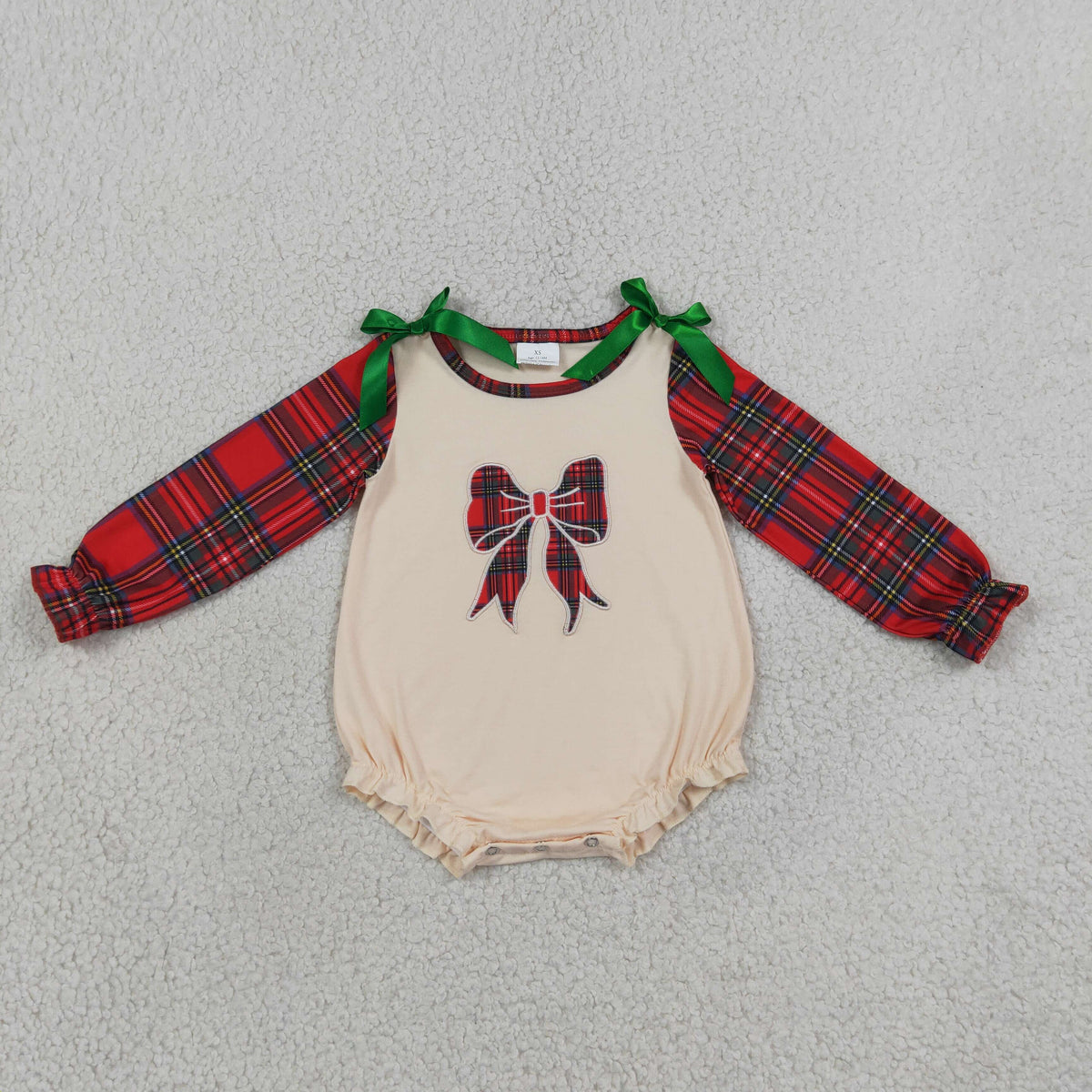 RTS NO MOQ Sibling milk silk Baby Girls Christmas Plaid Bow Embroidered Long Sleeve Top And Bell Bottom Outfit Romper