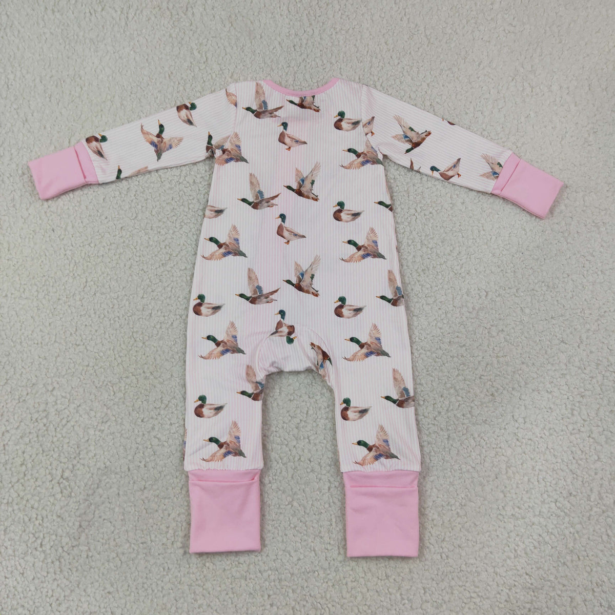 RTS NO MOQ (In stock)milk silk LR3218 Baby Girls Pink Stripe Ducks Hunting Two Way Zip Convertible Rompers