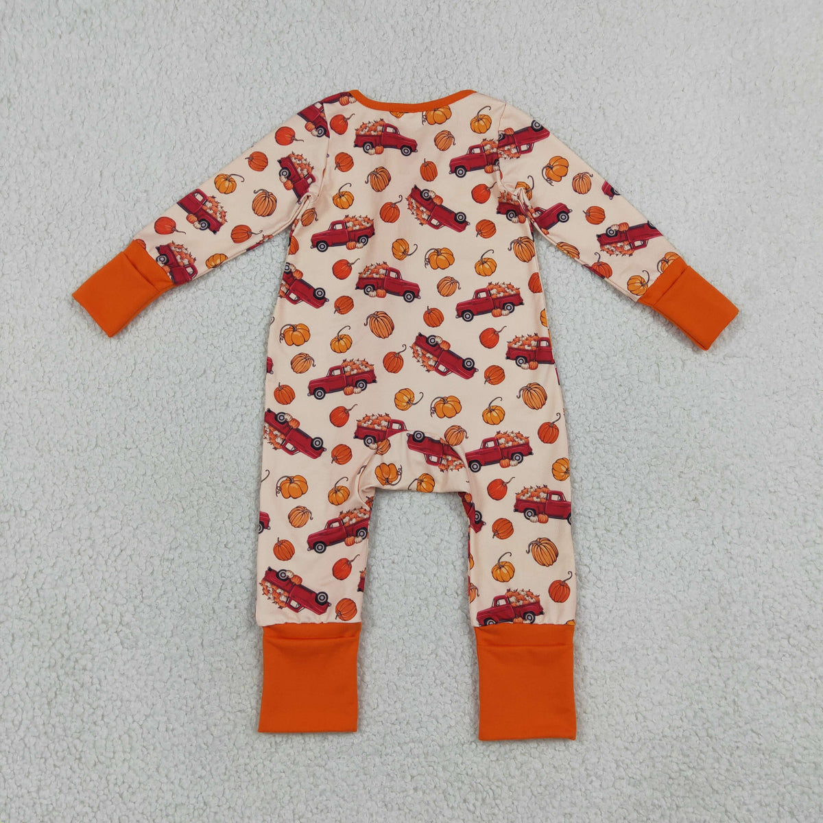 RTS NO MOQ milk silk LR3234 Baby Boys Pumpkins Trucks Fall Two Way Zip Convertible Romper