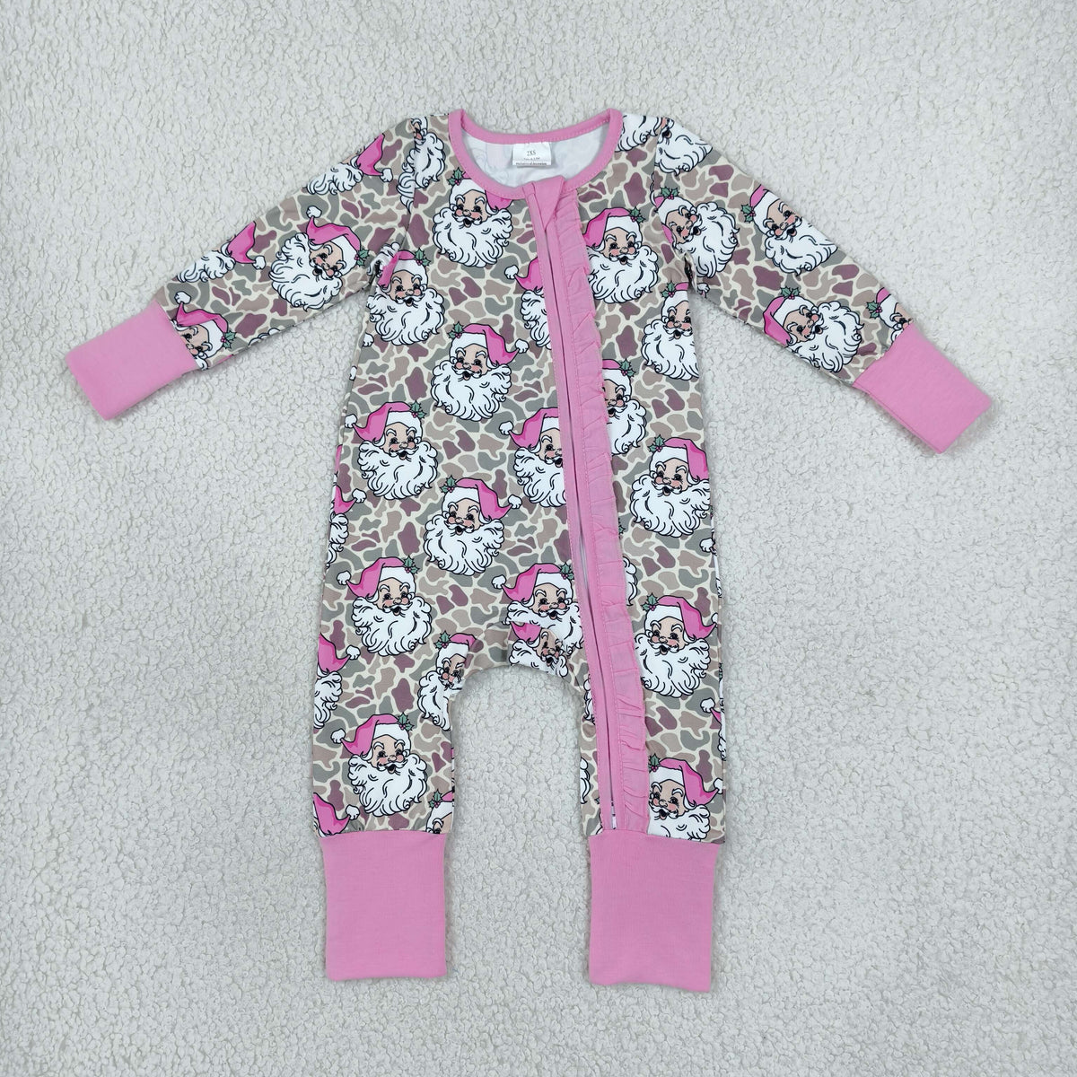 RTS NO MOQ Sibling milk silk Baby Girls Pink Santa Print Zipper Long Sleeve Christmas Romper