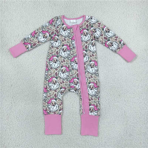 RTS NO MOQ Sibling milk silk Baby Girls Santa Print Two Way Zip Long Sleeve Ruffle Cuff Romper