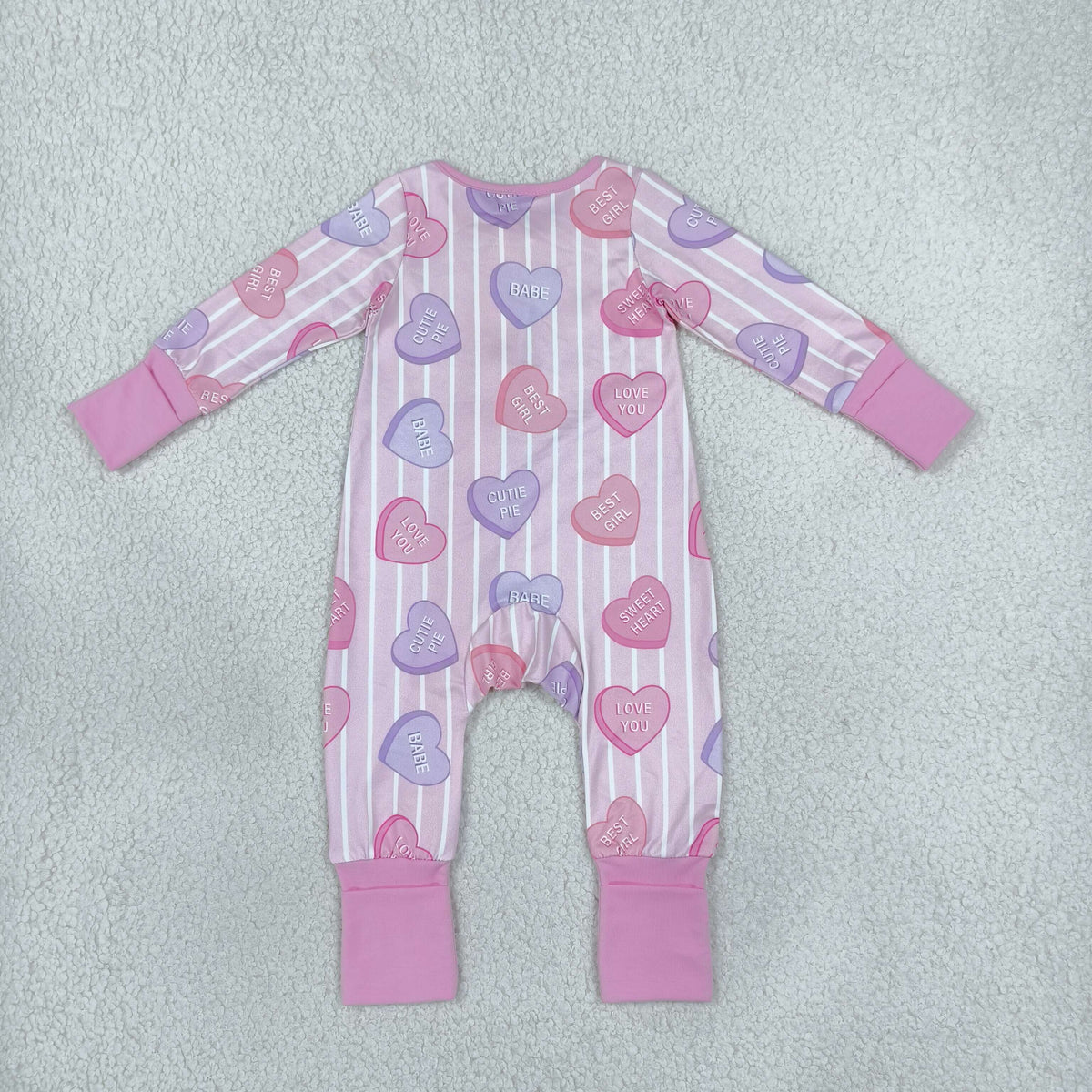 RTS NO MOQ (In stock)milk silk LR3325 Baby Girls Pink Stripe LOVE YOU Hearts Print Two Way Zip Convertible Valentines Rompers